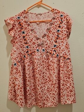 Floral Embroidered Pink Leopard-Print V-Neck Blouse